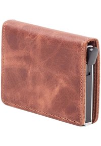 Braune Lederbörse mit glatter Oberfläche, rechteckiger Form und sichtbaren Nähten. Verfügt über ein Kartenfach mit einem eleganten schwarzen Akzent.