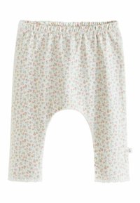 Pantalones para bebé con estampado floral hechos de tela suave, con un fondo verde menta claro y pequeñas flores rosas y amarillas, y una cinturilla elástica.