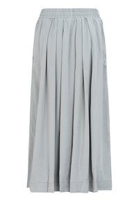 Jasnoszara spódnica plisowana z elastycznym pasem, wykonana z miękkiego materiału. Posiada kieszenie boczne i sięga poniżej kolan.