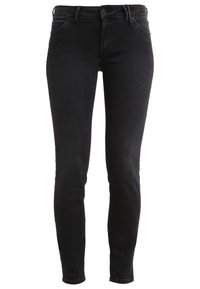 Svarta smala jeans i denim, med fem fickor, bälteshällor, knappstängning och lätt fading för textur.