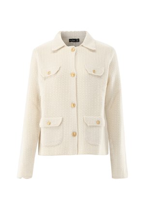 Cream textured jacket with a collared neck, front pockets, and gold buttons. Features a woven pattern and a cropped design.