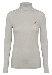 Jasnoszara, prążkowana bluzka z golfem i długimi rękawami, z małym haftowanym akcentem na piersi. Gładka tekstura i dopasowany krój.