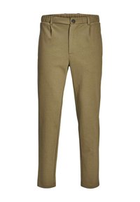 Pantalons khaki en tissu doux, présentant un devant plat, deux poches latérales, une fermeture à bouton et une taille élastique pour le confort.