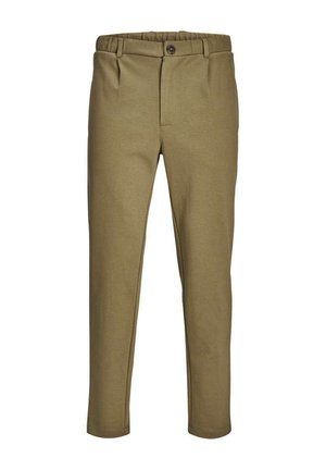 Pantalons khaki en tissu doux, présentant un devant plat, deux poches latérales, une fermeture à bouton et une taille élastique pour le confort.