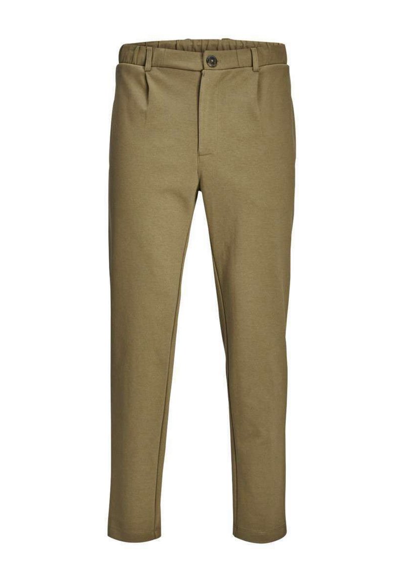 Pantalons khaki en tissu doux, présentant un devant plat, deux poches latérales, une fermeture à bouton et une taille élastique pour le confort.