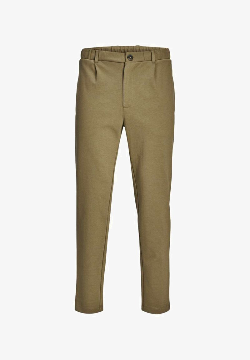Pantalons khaki en tissu doux, présentant un devant plat, deux poches latérales, une fermeture à bouton et une taille élastique pour le confort.