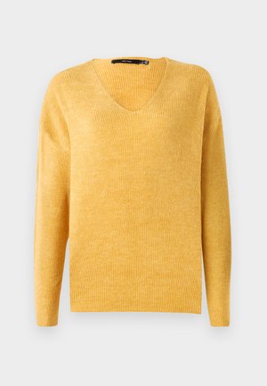 Gele, ribbelige gebreide trui met V-hals en lange mouwen. Zachte textuur, iets losse pasvorm en een casual ontwerp.