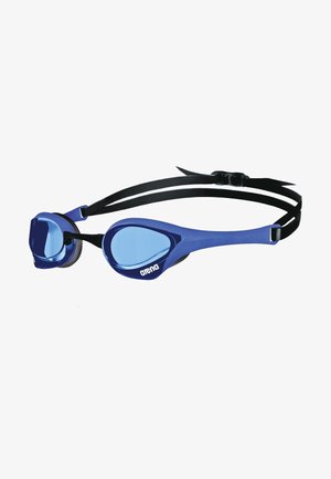 Blue swimming goggles with soft black seals and adjustable straps. Curved lenses offer clear visibility; logo displayed on one side.