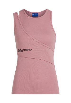 Top a canotta rosa con design asimmetrico e spallina singola. Presenta il testo nero "KARL LAGERFELD JEANS" sulla parte anteriore. Texture liscia.