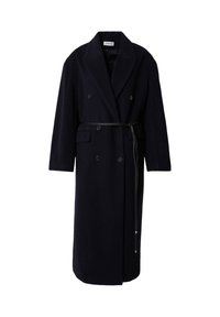 Marineblauw dubbelgevoegd jasje met een ceintuur in de taille. Gemaakt van wol met een soepele textuur. Bevat grote knopen en zijzakken.