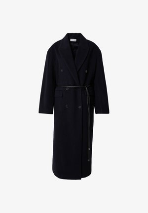 Dunkelblauer taillierter Mantel mit doppelter Knopfreihe und Gürtel. Aus Wolle mit glatter Textur gefertigt. Verfügt über große Knöpfe und seitliche Taschen.