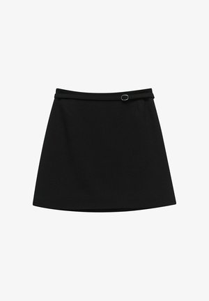 Zwarte A-lijn rok van gladde stof met een aansluitende tailleband en een klein zilveren accent detail op de taille.