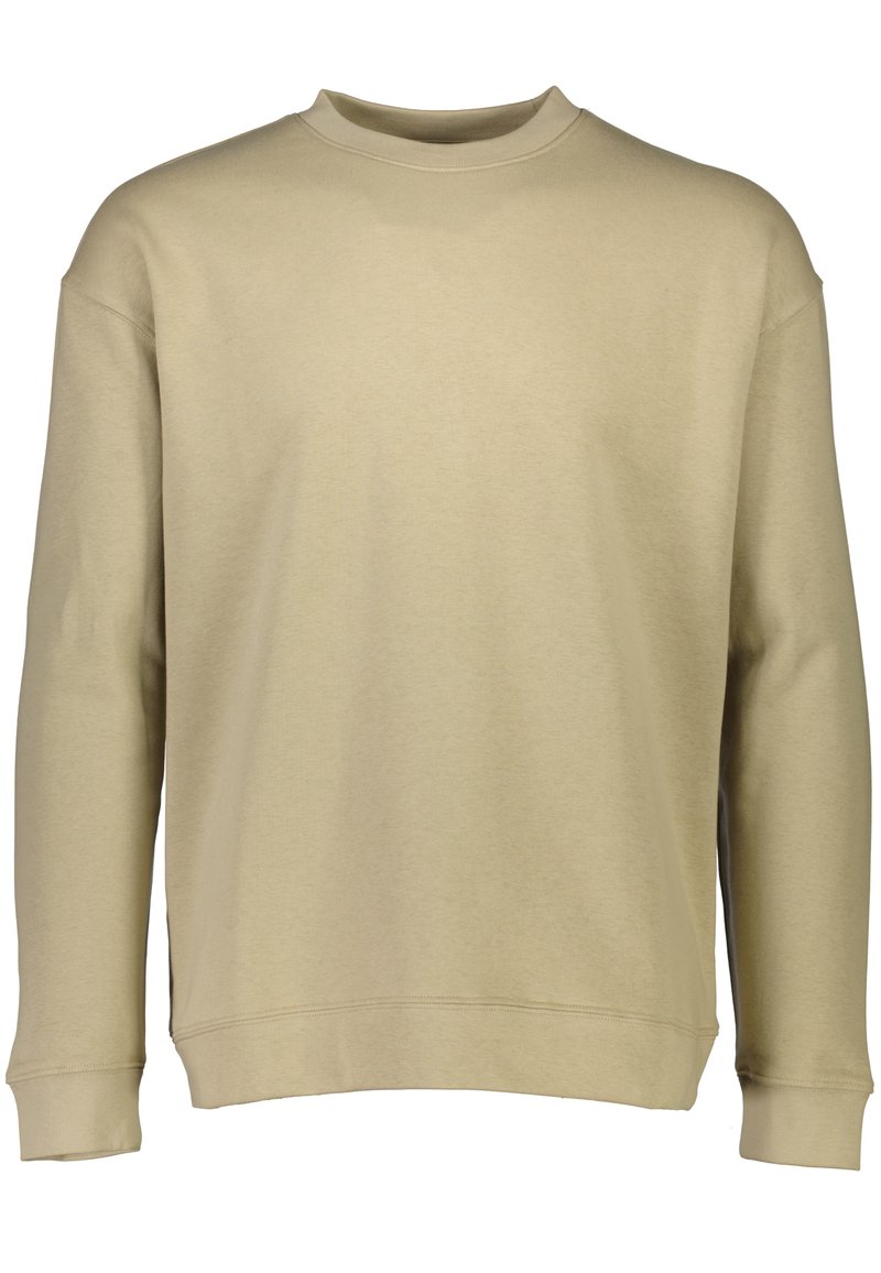 Sudadera beige, cuello redondo, de mangas largas, ajuste clásico. Textura suave con puños y dobladillo acanalados; diseño minimalista, sin patrones ni acentos.