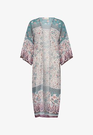 Prozirni kimono u tirkiznoj, krem i mauve boji s cvjetnim i paisley uzorcima, otvorenog prednjeg dijela i širokim rukavima. Lagani materijal s lepršavim dizajnom.