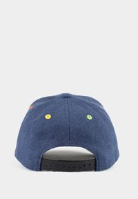 Blue fabric cap with a flat brim, featuring multi-colored eyelets and a black adjustable strap at the back. Simple design with no visible logos.