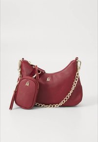 Burgundy leather shoulder bag with a gold chain strap, paired with a detachable mini pouch. Textured surface with logo detail.