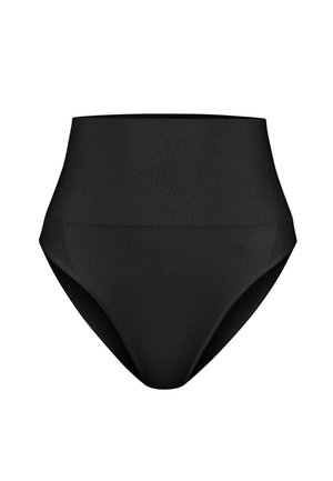 Czarne bikini z bawełny o wysokim stanie, gładkiej fakturze i bezszwowym designie, z szerokim elastycznym pasem i klasycznym krojem.