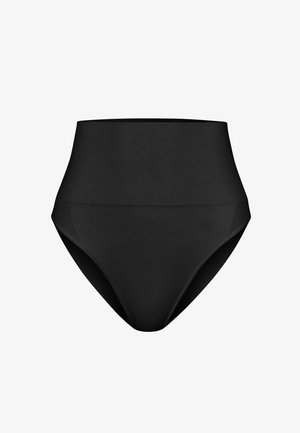 Czarne bikini z bawełny o wysokim stanie, gładkiej fakturze i bezszwowym designie, z szerokim elastycznym pasem i klasycznym krojem.