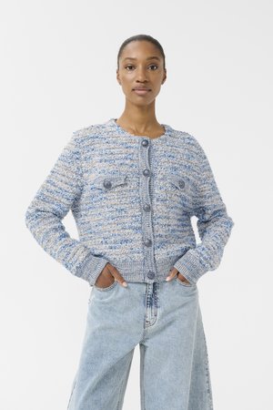 Cardigan texturé bleu et crème avec un col rond, une fermeture à boutons et deux poches poitrine. Poignets et ourlet côtelés. Coupe ample.