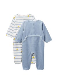 Deux bodies pour bébé : l'un en bleu, en tissu doux avec une fermeture pressionnée au dos, et l'autre avec des rayures blanches et bleues, décoré de motifs de canards jaunes.