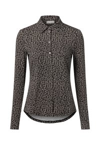 Czarna koszula na guziki z długim rękawem ozdobiona kwiatowym wzorem. Posiada klasyczny kołnierzyk, zaokrąglony dół oraz gładką fakturę tkaniny.