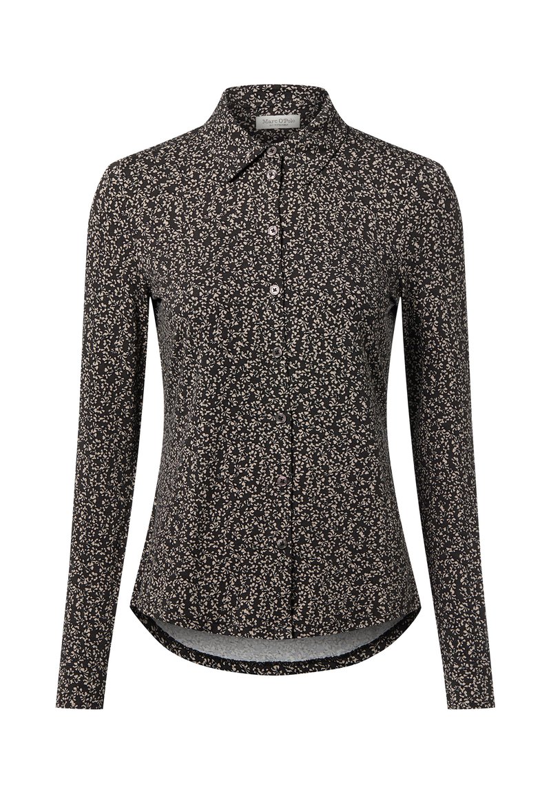 Czarna koszula na guziki z długim rękawem ozdobiona kwiatowym wzorem. Posiada klasyczny kołnierzyk, zaokrąglony dół oraz gładką fakturę tkaniny.