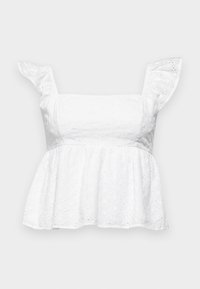 Bílý peplum top s volánkovými ramínky, strukturovaná tkanina s průstřihy a přiléhavý korzet přecházející do rozšířené spodní části.