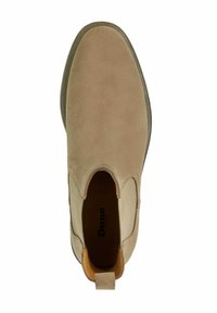 Beige suede ankle boot with elastic side panel, rounded toe, and a pull tab at the back. Textured rubber sole and leather lining.