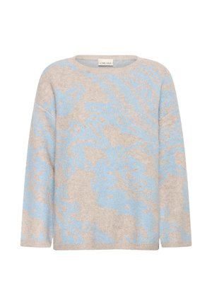 Beige kötött pulóver világoskék virágmintás jacquard mintával, kerek nyakkal és hosszú ujjakkal.