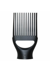 Schwarzer Kunststoffhaarpflegekamm mit langen, schlanken Zähnen und ergonomischem Griff. Verfügt über einen runden Griff und ein Warnsymbol an der Basis.