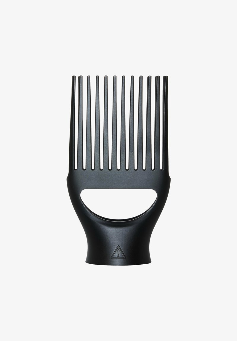 Pettine in plastica nera con denti lunghi e sottili e impugnatura ergonomica. Presenta un manico circolare e un simbolo di avvertimento sulla base.