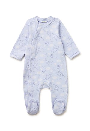 Body per neonato azzurro chiaro con maniche lunghe, copertura completa dei piedi e zip frontale, decorato con motivi di dinosauri e nuvole blu scuro.