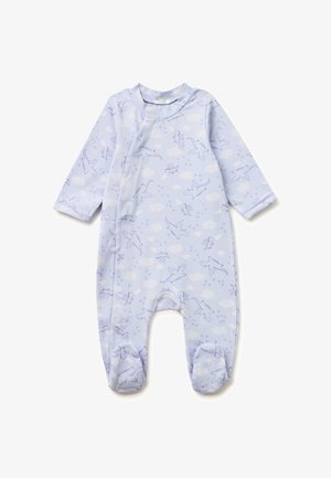 Body per neonato azzurro chiaro con maniche lunghe, copertura completa dei piedi e zip frontale, decorato con motivi di dinosauri e nuvole blu scuro.