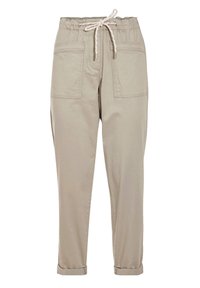 Beige Baumwollhose mit elastischem Bund und Kordelzug; verfügt über zwei Fronttaschen und umgeschlagene Säume. Glatte Textur, lässiges Design.