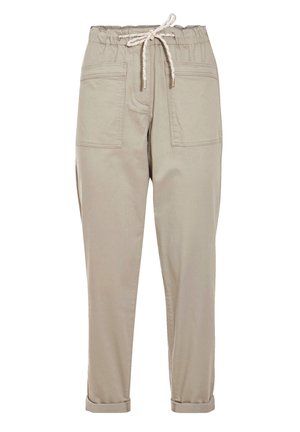 Beige Baumwollhose mit elastischem Bund und Kordelzug; verfügt über zwei Fronttaschen und umgeschlagene Säume. Glatte Textur, lässiges Design.