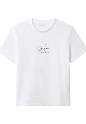 Bijela majica kratkih rukava s okruglim izrezom, crnim obrubljenim logom "Calvin Klein" i velikim inicijalima "cK" u sredini prsa.