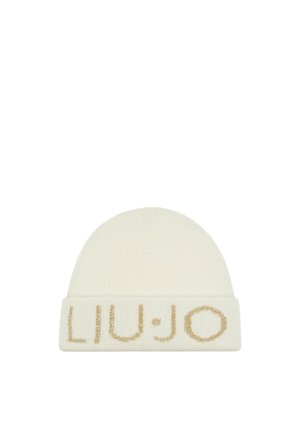 Cappello a maglia crema con texture a coste e bordo piegato, presenta il nome del marchio "LIU·JO" ricamato in oro.