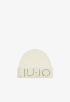 Cream knit beanie with a ribbed texture and a folded cuff, featuring the brand name "LIU·JO" in gold embroidery.