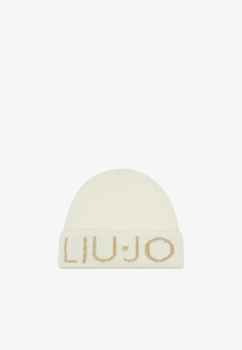 Cremfarbener Strickbeanie mit gerippter Textur und umgeschlagenem Saum, mit dem Markennamen "LIU·JO" in goldener Stickerei.
