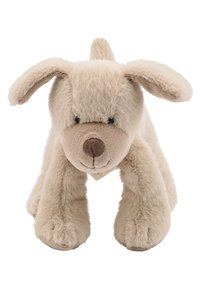 Plush beige dog toy with soft fur, floppy ears, and a rounded nose. Features black plastic eyes and a small triangular tag around the neck.