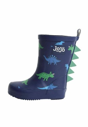 Stivale di gomma blu da pioggia con motivi di dinosauri verdi e un accento verde con margine frastagliato sul retro. Presenta una suola texturizzata per una migliore aderenza.