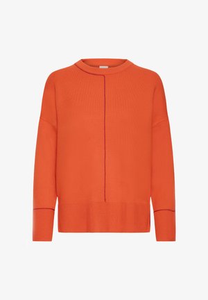 Morbido maglione arancione brillante a maniche lunghe con polsini e orlo a coste, caratterizzato da sottili dettagli delle cuciture verticali e orizzontali.