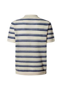 Polo en maille à manches courtes avec des rayures horizontales bleu marine et beige, vu de dos.
