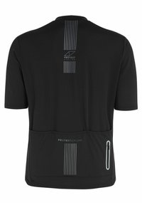 Maillot de cyclisme à manches courtes noir en tissu texturé, avec des bandes réfléchissantes à l'arrière et une poche zippée à l'arrière pour le rangement.