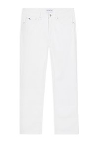 White cotton jeans with a straight leg design, featuring subtle stitching, two front pockets, and a logo detail on the waistband.