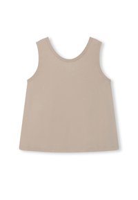 Top senza maniche beige realizzato in tessuto morbido. Presenta un colletto rotondo e una vestibilità ampia. Nessun motivo o accento visibile.