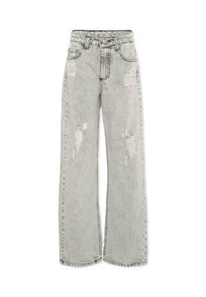 Jasnoszare, proste dżinsy z przetarciami na przednich udach i kieszeniach, wyposażone w guziki i szlufki na pasek.