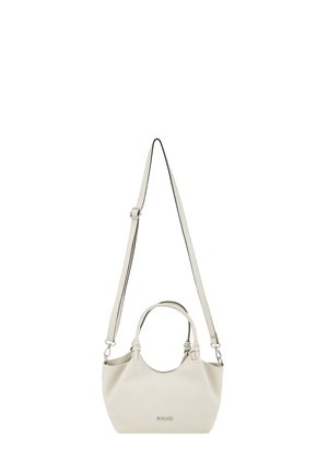 Mała kremowa torebka z okrągłymi uchwytami i regulowanym długim paskiem na ramię, o fakturowanej powierzchni i małym logo RYŁKO z przodu.