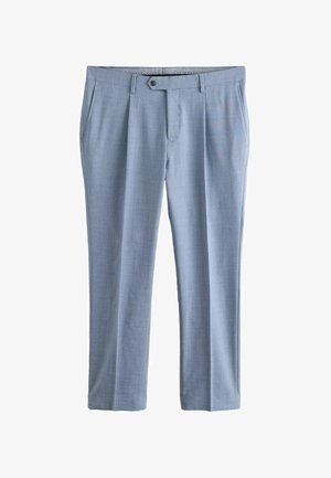 Pantaloni eleganți de bărbați, albastru deschis, cu un model subtil în carouri, închidere frontală cu nasturi, bucle pentru curea și buzunare laterale.