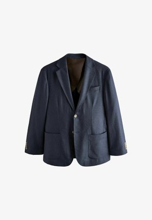 Granatowa marynarka z klapami, dwoma przednimi kieszeniami, zapięciem na jeden guzik oraz kontrastowym brązowym podszyciem.